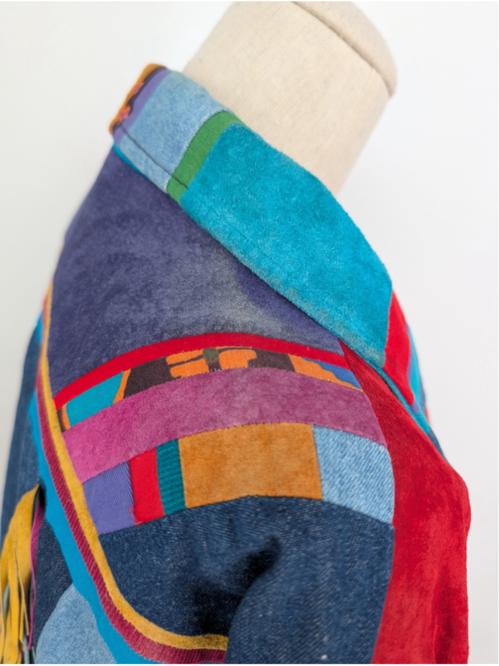 Vtg 90s Santa Fe Re-Creations L Mixed-Media Denim Suede Fringe Patchwork Jacket - Picture 15 of 16